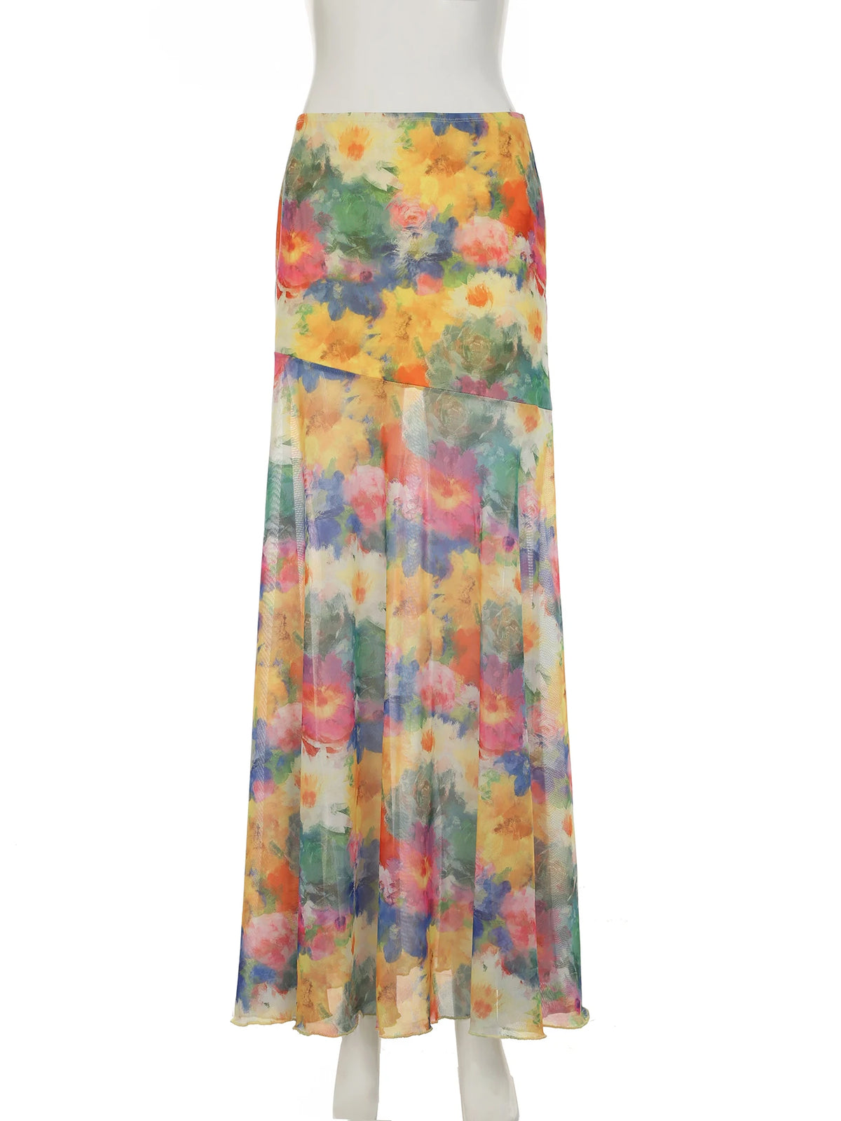 Cyflymder  Holiday Slim Floral Printed Mesh Skirts Beach Style  Low-Waisted Maxi Skirts Women 2025 Summer Fashion Streetwear Lady