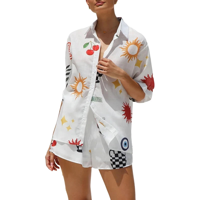 Cyflymder  Boho Beach Style 2 Piece Outfits Fashion Printed Short Sleeve Button Up Blouse Tops + Shorts Set Women Lounge Matching Beachwear