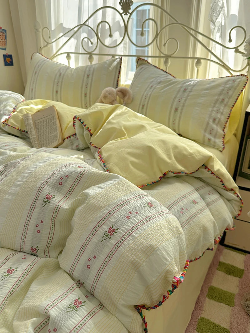 Cyflymder  100% Cotton Yarn-dyed Jacquard Floral Bedding Set Single Queen King Size Duvet Cover Bed Sheet/Fitted Sheet Pillowcases 3/4Pcs