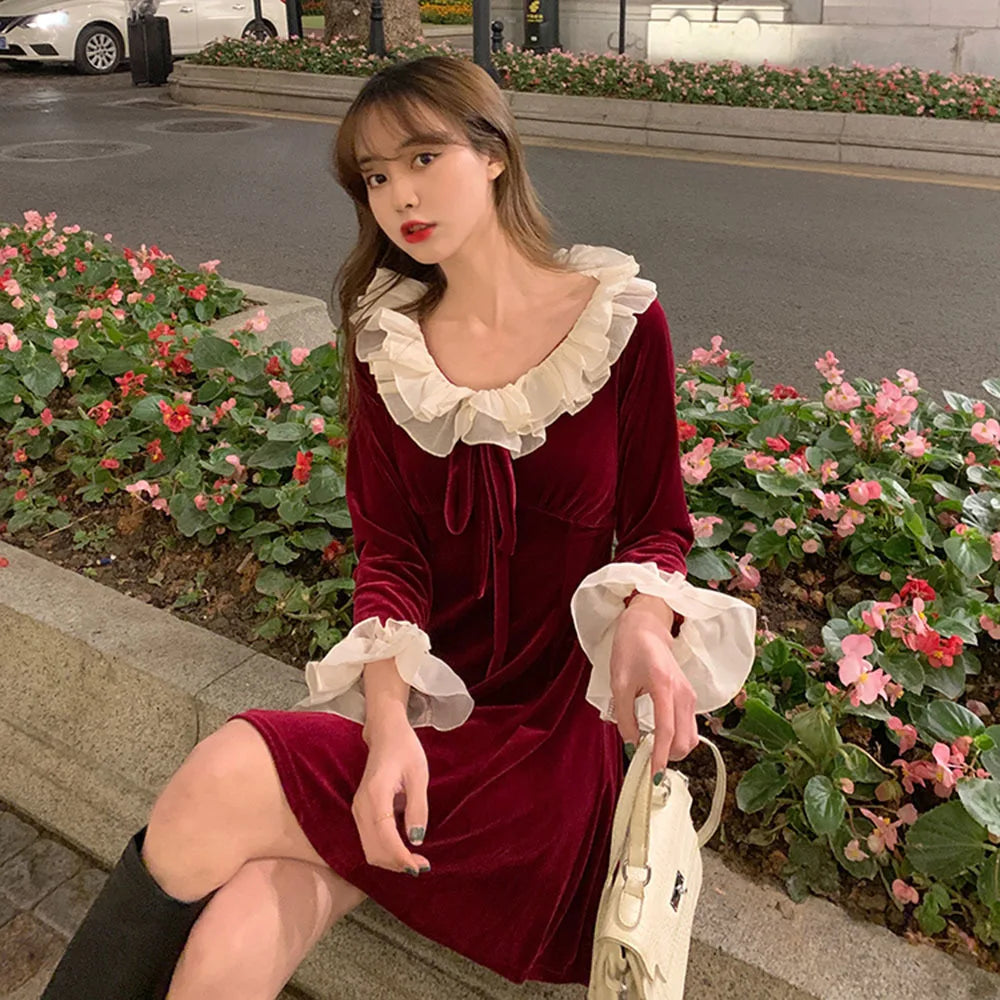 Cyflymder Christmas Red Dress Woman Autumn French Ruffle Velvet Splice Dress Ladies Flared Sleeve Bow Slim Party Mini Dress