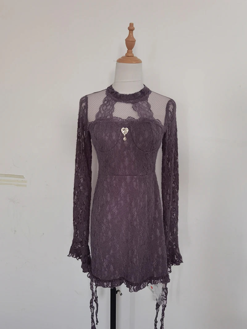 Cyflymder  Sweet Hot Girl Pure Sexy Purple Lace Halter Dress Women's Autumn and Winter Slim Flare Sleeve Wrap Hip Dress Female Clothes