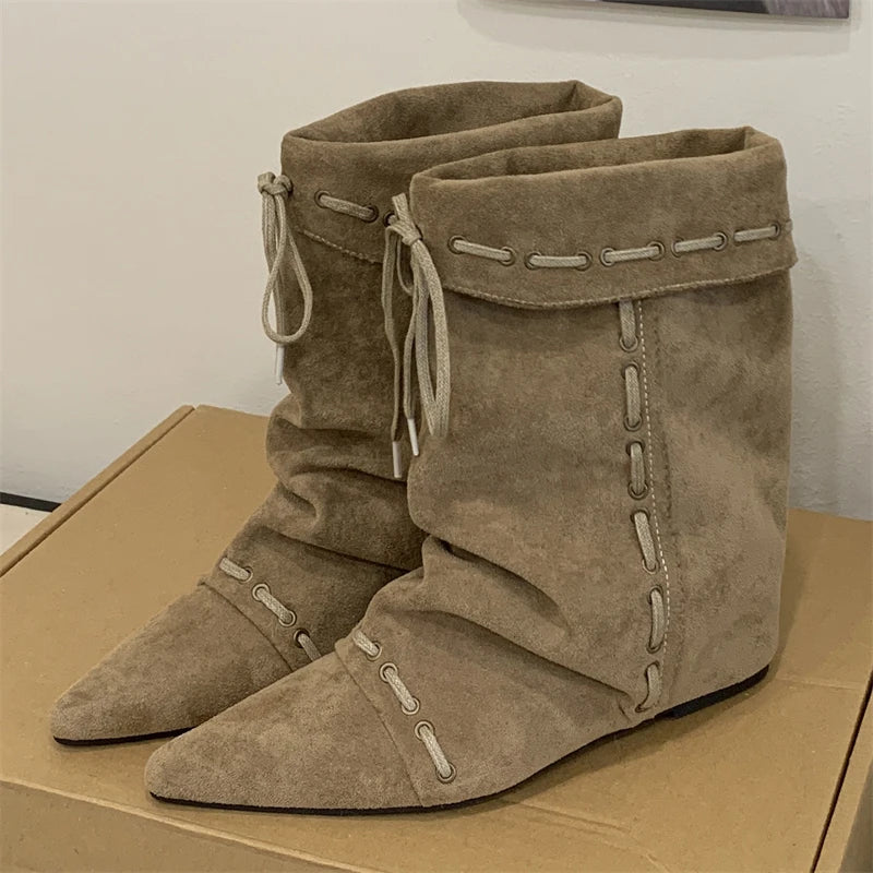 Cyflymder  Autumn Winter Soft Suede Pointed Toe Ankle Boots Women Fashion Lace Up Punk Style Modern Short Boots Ladies Wedges Party Heels