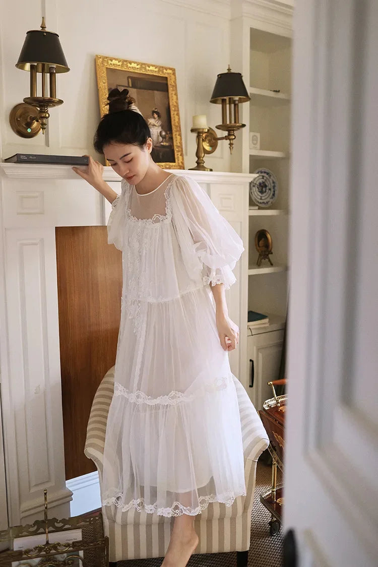 Cyflymder  Princess White Vintage Long Nightgowns Gauze Round Neck Puff Long Sleeves Cotton Nightie Loose Design Embroidery Nightdress  New
