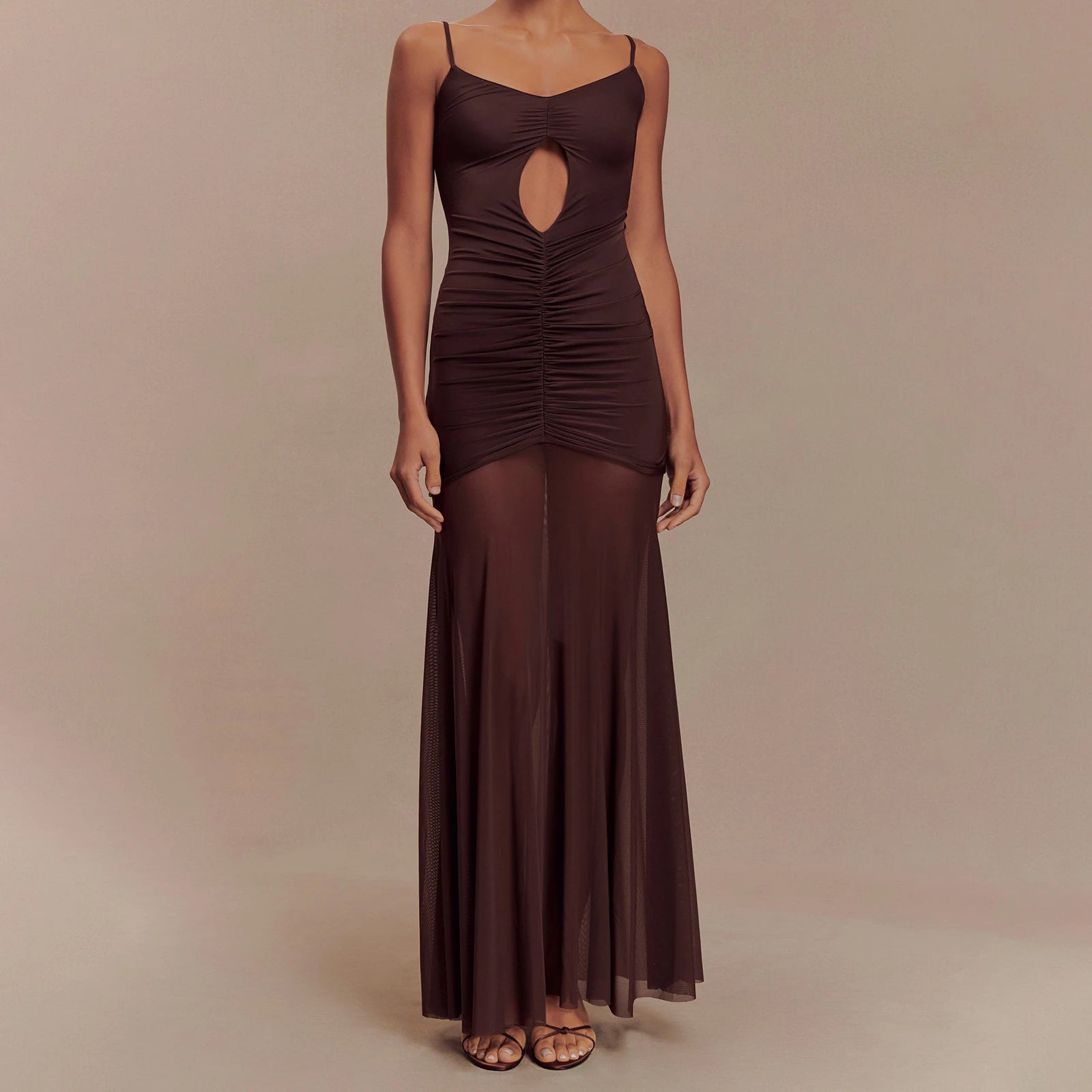 Cyflymder  Elegant Sleeveless Maxi Dress with Ruched Detailing and Cutout Front Spaghetti Strap Backless Design for Women