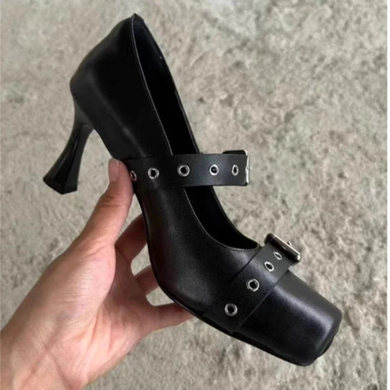 Cyflymder  New Black 7cm High Heels Sandals Metal Buckle Rivets Ballet Shoes Spicy Girl Square Toe Shoes PU Autumn Women's Shoes 35-39
