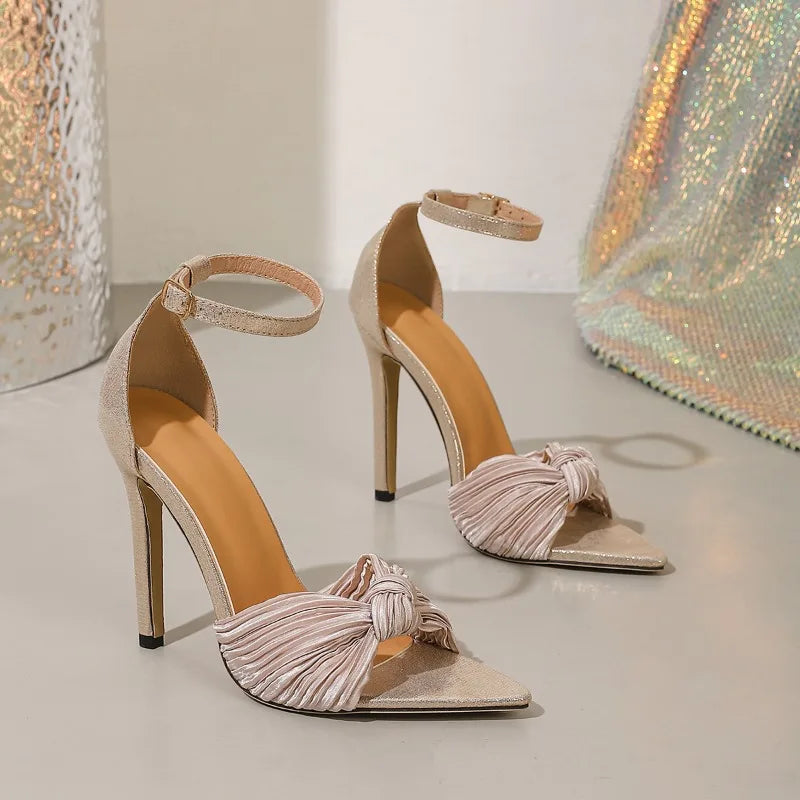 Cyflymder  Luxury Designer Heeled Sandals Women Summer Fashion Knot Pleated Silk Open Toe Cover Heel Pointed Toe Heels Elegant Dress Shoes