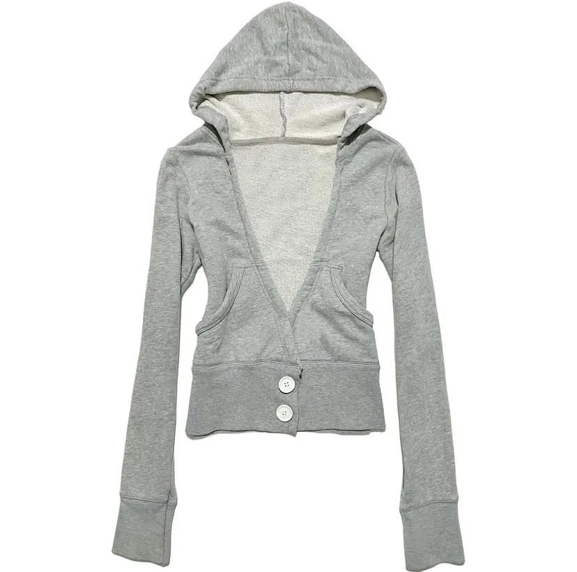 Cyflymder  Women's Y2K grey hooded pullover sweater slim V-neck double-buttoned long sleeves retro casual coat unique design Autumn punk