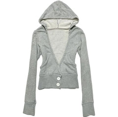 Cyflymder  Women's Y2K grey hooded pullover sweater slim V-neck double-buttoned long sleeves retro casual coat unique design Autumn punk