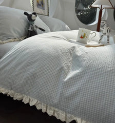 Cyflymder  Sweet cute blue plaid bedding set,twin full queen king fairyfair lace checked cotton home textile sheet pillow case quilt cover