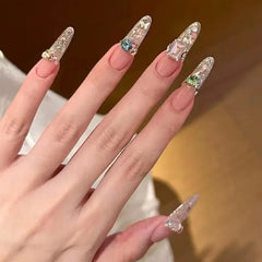 Cyflymder  30Pcs Almond Press on Fake Nails Long French False Nails With Pink Wearable Flower Design Oval Manicure Full Cover Nail Tips