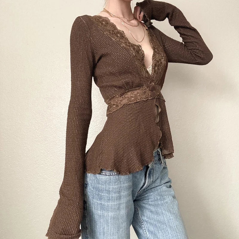 Cyflymder Fairycore Lace Patchwork Deep V-neck Top Brown Sexy Button-up Cardigan Chic Elegant Flared Long Sleeve T-shirts Y2K