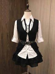 Cyflymder  Autumn Vintage 3 Piece Set Women V Neck Sleeve Ruffle Button Down Shirt Vest Ruched Waist Skirt Slim Fit Elegant Daily Outfit