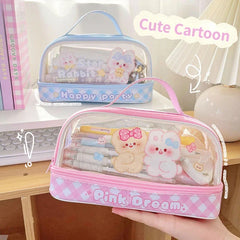 Cyflymder  Cute Transparent Pencil Case Kawaii Bunny Bear Pencil Pouch 2- Layer High Capacity Waterproof Protable Stationery Storage Bag