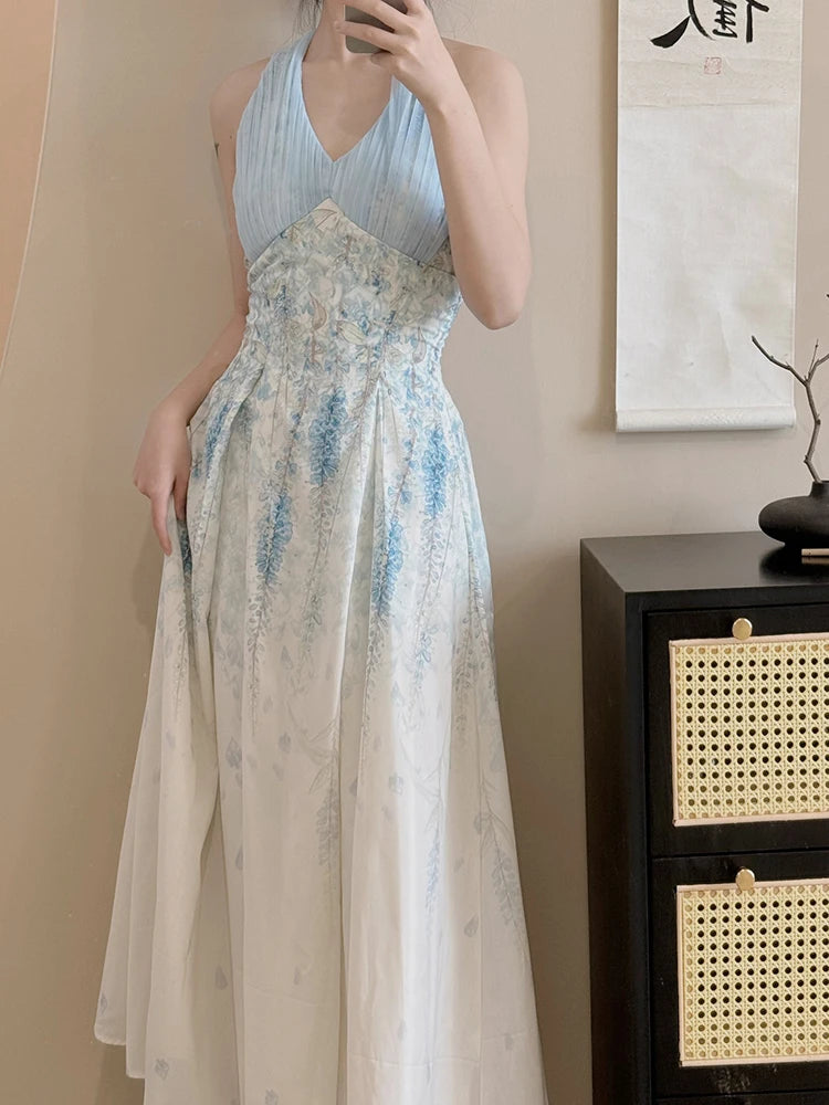 Cyflymder  Floral Sexy Halter Beach Dress Women Elegant Slim Sweet Sleeveless Vintage Long Dress Casual Retro Mesh Patchwork Vestidos