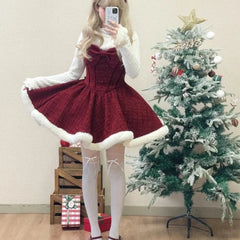 Cyflymder Christmas Outfits Sweet Lolita Style Dress Sets Women Elegant Bow Plush Shawl Short Jackets Mini Skirts Suit Kawaii Christmas New Year 3 Piece Set