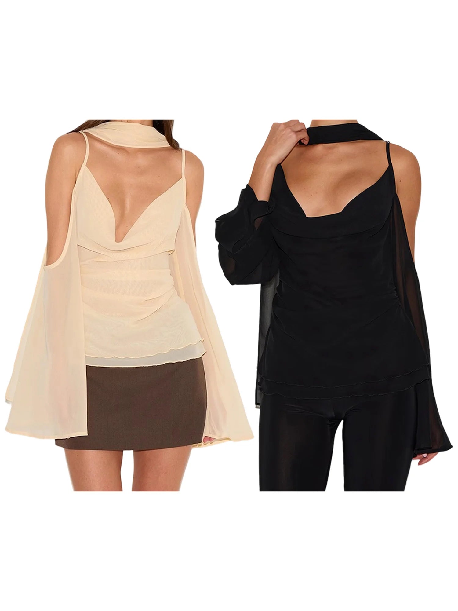 Cyflymder  Elegant Off Shoulder Blouse with Scarf and Zipper Detailing Stylish Cowl Neck Long Sleeve Shirt for Chic Night Outfits