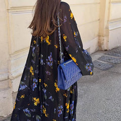 Cyflymder  Fashion Flower Print Draped Party Dress Elegant Half High Collar Chiffon Loose Dress Women Casual Long Sleeve Hollow Long Dress