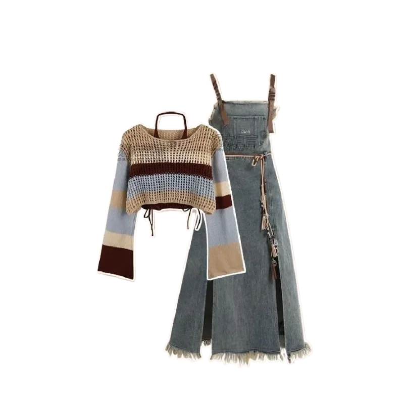 Cyflymder Autumn New Vintage Denim Skirt Matching Set Women's Elegant Loose Hollow Knitted Shirt+Sexy Split Dress Two Piece Suit