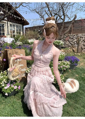 Cyflymder  French Lace V-neck Halter Neck Camisole Top High Waisted Cake Skirt Two-piece Set for Women