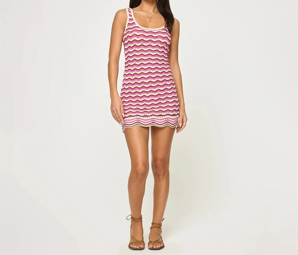 Cyflymder   New Striped Sexy Knitted Hollow Beach Bikini Dress Women