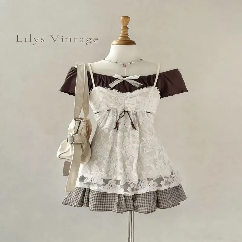 Cyflymder  Summer Sweet Vintage Skirt Set Women Sexy Off Shoulder Bow Tops + Cute Outerwear Lace Strap Vest + Y2k Retro Plaid Mini Skirt