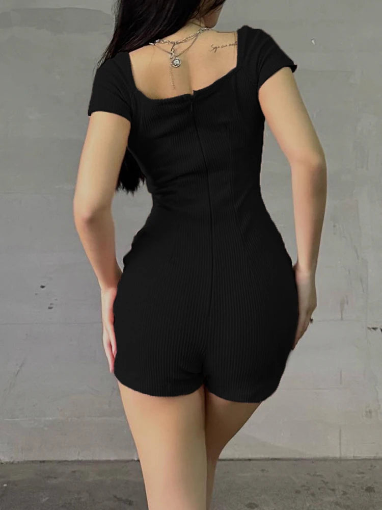 Cyflymder  Sporty Activewear Basic Solid Playsuits Sexy Slim Square Collar Short Sleeve Rompers Women Summer Fashion Streetwear