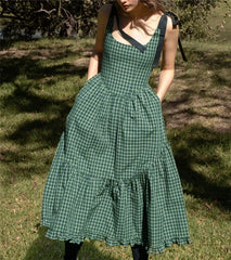 Cyflymder  Women Y2k Long Tank Dress Sleeveless Plaid Print Bow Tie Strappy A-line Maxi Dress Summer Casual Midi Dress