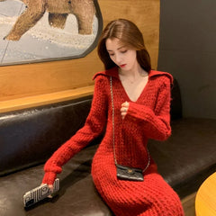 Cyflymder  Autumn Red Collar Knitted Dress Women Long Sleeve Slim Elastic Tight Pullover Sweater Dress Autumn Office Lady Midi Dress 664A