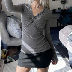 Cyflymder  Autumn Thin Kink V-Neck Pullover Tight Long Sleeve Sweater Women