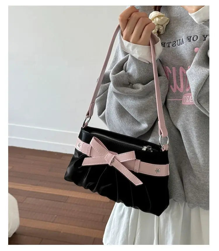 Cyflymder  Korean Hot Girl Bow Studded Handbag Women Simple Design Sweet Shoulder Bag Ladies Elegant Fashion Underarm Purse Y2k Aesthetic