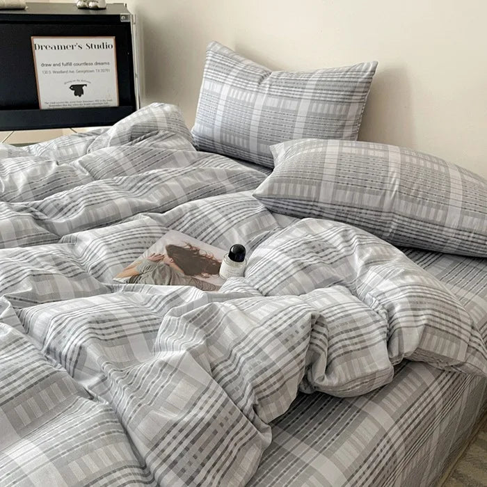 Cyflymder  Fashion Pure Cotton Grid Pattern Bedding Sets Skin Friendly Comfortable Bed Sheet Set for Adults Dormitory Home Quilt Cover Kit