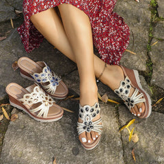 Cyflymder  Woman Leather Slipper Summer Fashion Rhinestone Intersperse Wedge Female Thick-soled Platform Comfortable Slipper for Women