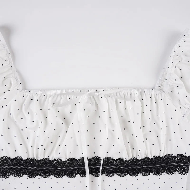 Cyflymder  Casual Dot Printed T Shirt French Style Slim Bandage Lace Trim Short Sleeve Tees Women 2025 Summer Fashion Streetwear