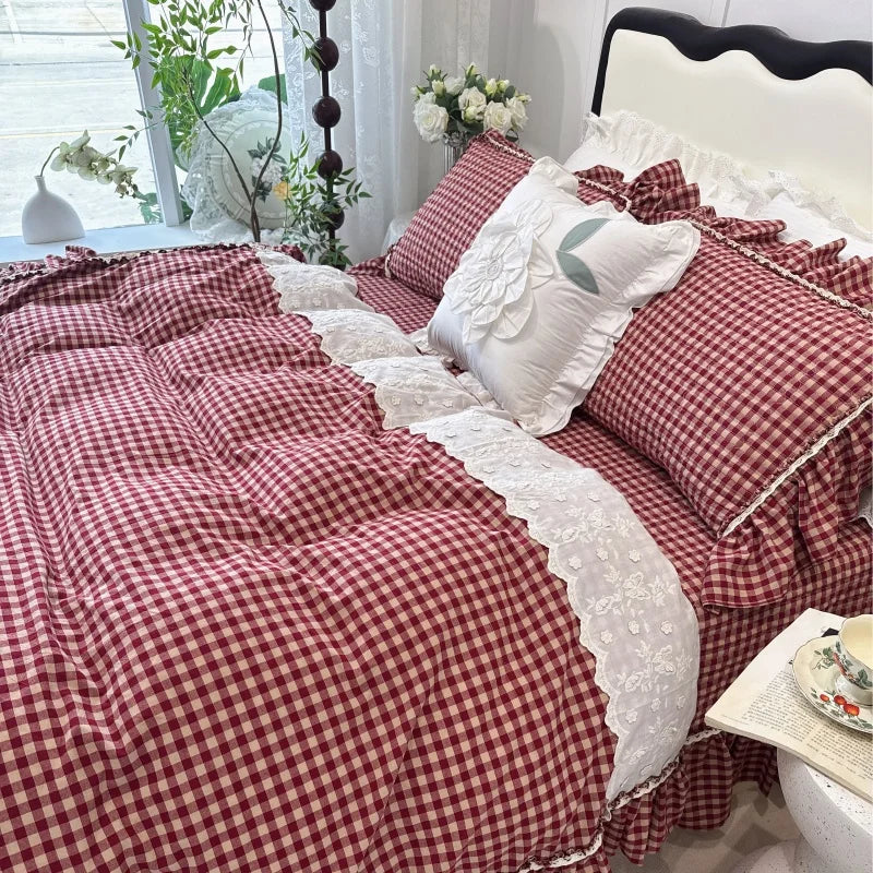 Cyflymder  100% Cotton yarn-dyed Plaid Washed Cotton Ruffles Korean Princess Bedding Set Duvet Cover Quilted Bedspread Pillowcases 4Pcs