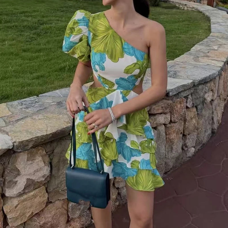 Cyflymder  Elegant Hight Waist Slim A-Line Dress Sexy Slanted Shoulder Short Sleeve Bohe Dress Women Fashion Floral Print Hollow Mini Dress