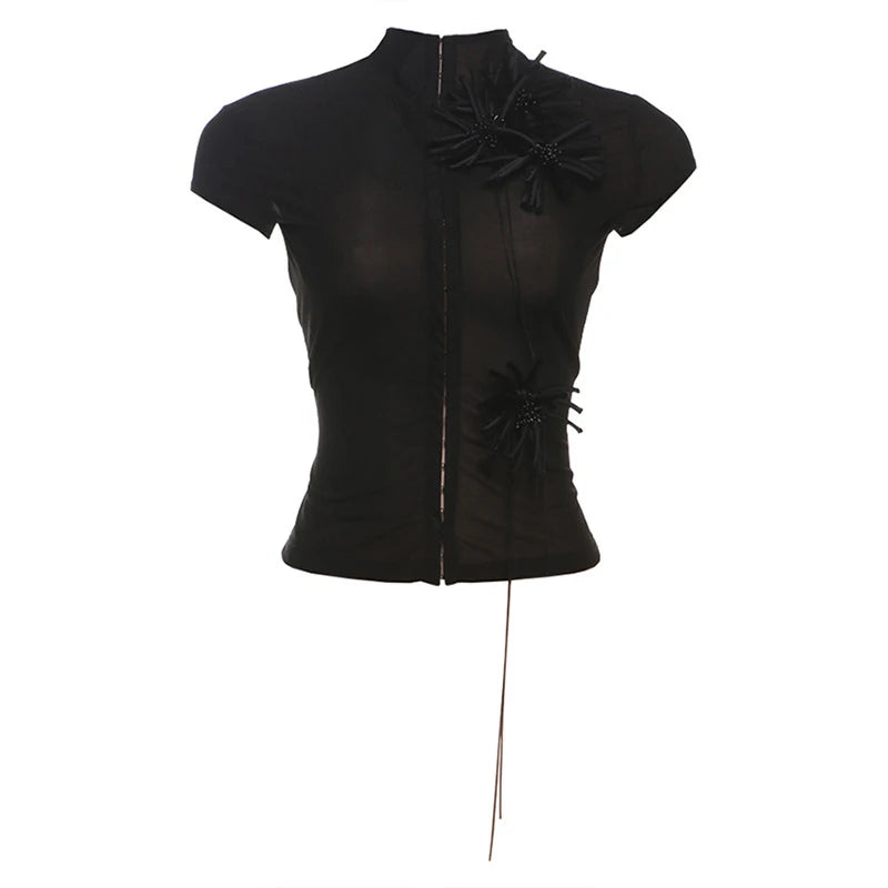 Cyflymder  Vintage Sexy Single Breasted 3D Flower See-through Half High Collar Short-sleeved T Shirt Party Street Casual Slim Fit Tops