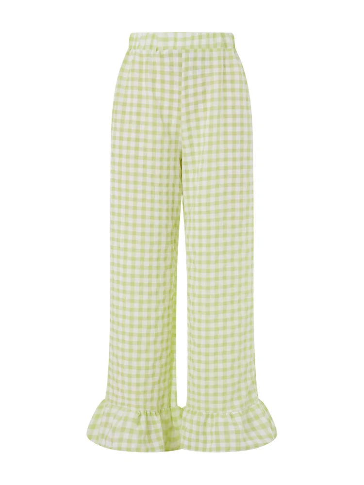 Cyflymder  Fashion Womens Plaid Print Pants Ruffles Legs Gingham Wide Leg Loose Casual Pull On Trousers Y2K Retro Chic Going Out Pants
