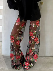 Cyflymder  See Through Flower Embroidery Women Pants Mesh Thin Wide Leg Fashion Straight 2025 Summer  Chic Trousers Party Street Lady Pants