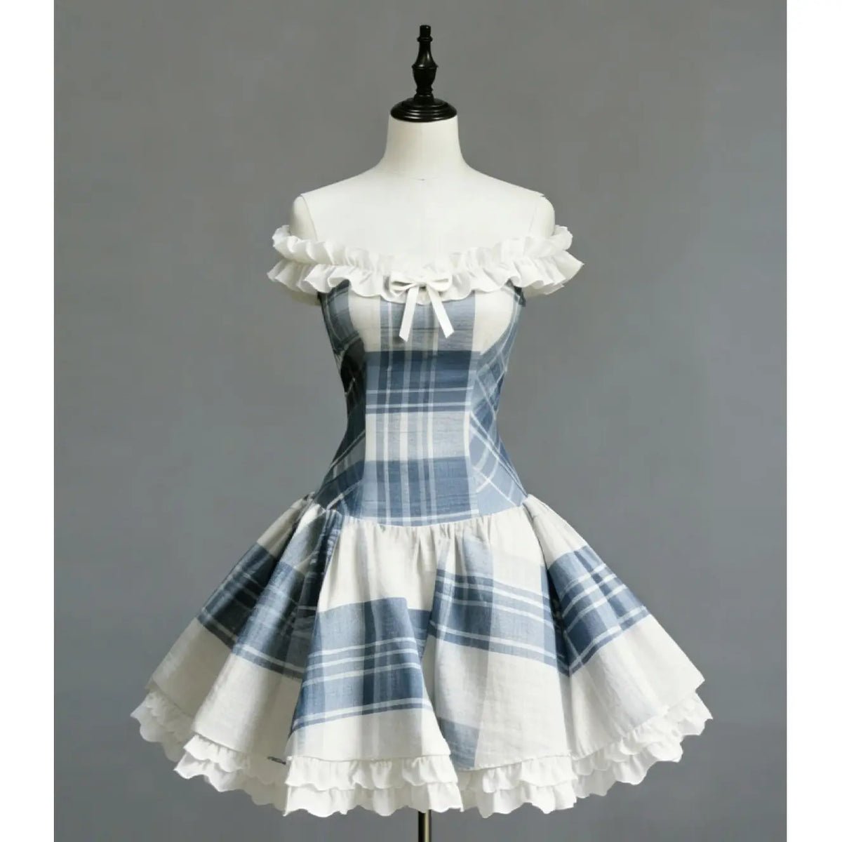 Cyflymder  Summer Blue and White Plaid Dress One-word Shoulder Lace Splicing Temperament Waist Commuter Skirt