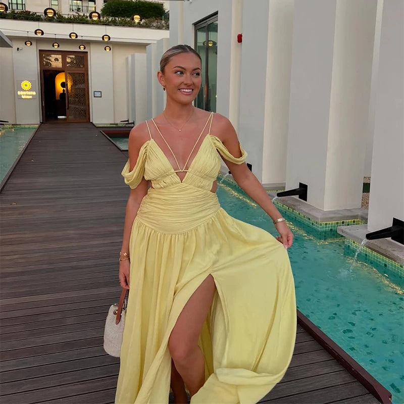 Cyflymder  Deep V-neck Backless Long Dresses For Women Off Shoulder Ruched Pleated High Split Party Dresses Summer Chic New Lady Robes