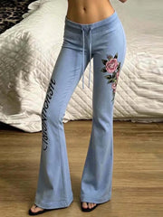 Cyflymder  Flower Letter Printed Drawstring Flared Pants Low Waist Loose Fit Fashion Long Pants Elegant Streetwear Casual Trousers
