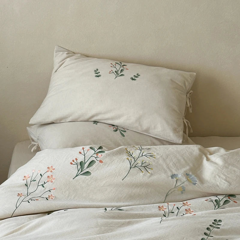Cyflymder  Linen Cotton Jacquard Flowers Embroidery Bedding Set Queen King Size Duvet Cover Set Flat/Fitted Bed Sheet Pillowcases 4Pcs
