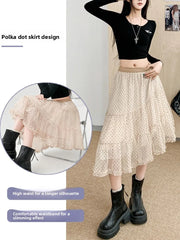 Cyflymder   Women's A-Line  Skirt Polka Dot Tulle High Waist Slimming Pleated Anti-Light Summer New Style Korean Version Polyest...