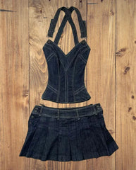 Cyflymder  Streetwear Y2K Vintage Denim Suit Skirt Sets Womens Outfits Black Sexy Hollow Vest Suspenders Harajuku Goth Zipper Pleated Skirt