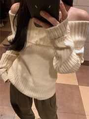 Cyflymder comfy outfits winter Vintage Off Shoulder Sweater Women Solid Elegant Sexy Knitwear Long Sleeve Jumper Slash Neck Causal Harajuku Pullovers