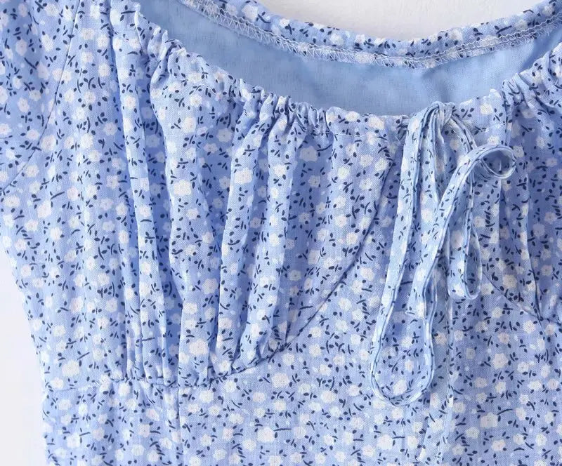 Cyflymder  Retro Blue Floral Print  Dr Sweet Front Bow Large Collar ort Sve Waist Cinched Street Sle Summer Dr for Women