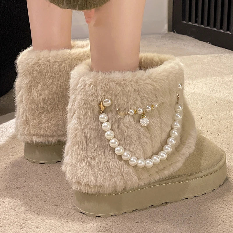 Cyflymder Winter New String Bead Plush Women's Boots Warm Stylish Thick Platform Slip On Boots Faux Fur Plus Size 43 Ankle Botas Shoes