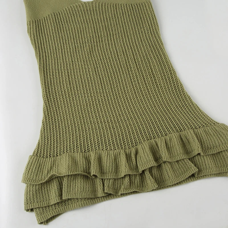 Cyflymder  Green Pleated Hem Knit Mini Dress Sexy See Through Strap Bodycon Dresses Concert Outfits For Women Summer Vocation Robe