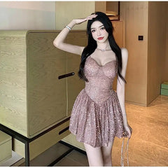 Cyflymder  Sexy Suspender Shiny Sequin Skirt Waist Slimming and Pleated Dress