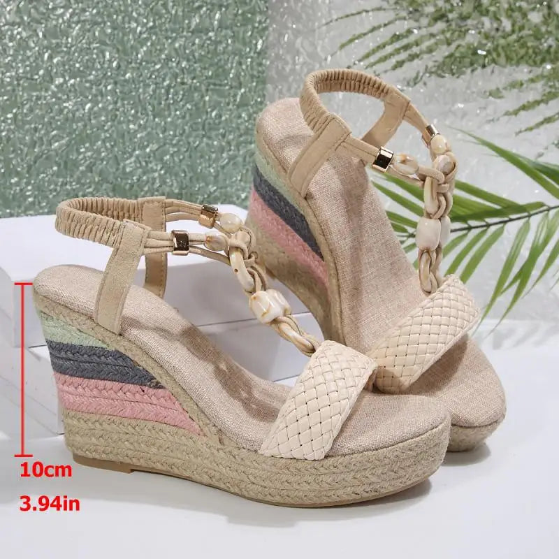 Cyflymder  Bohemia Woven Strap Button Bead Decoration Sandals Women 2025 Summer Chunky Platform Wedge Heel Shoes Casual Hemp Sole Sandals